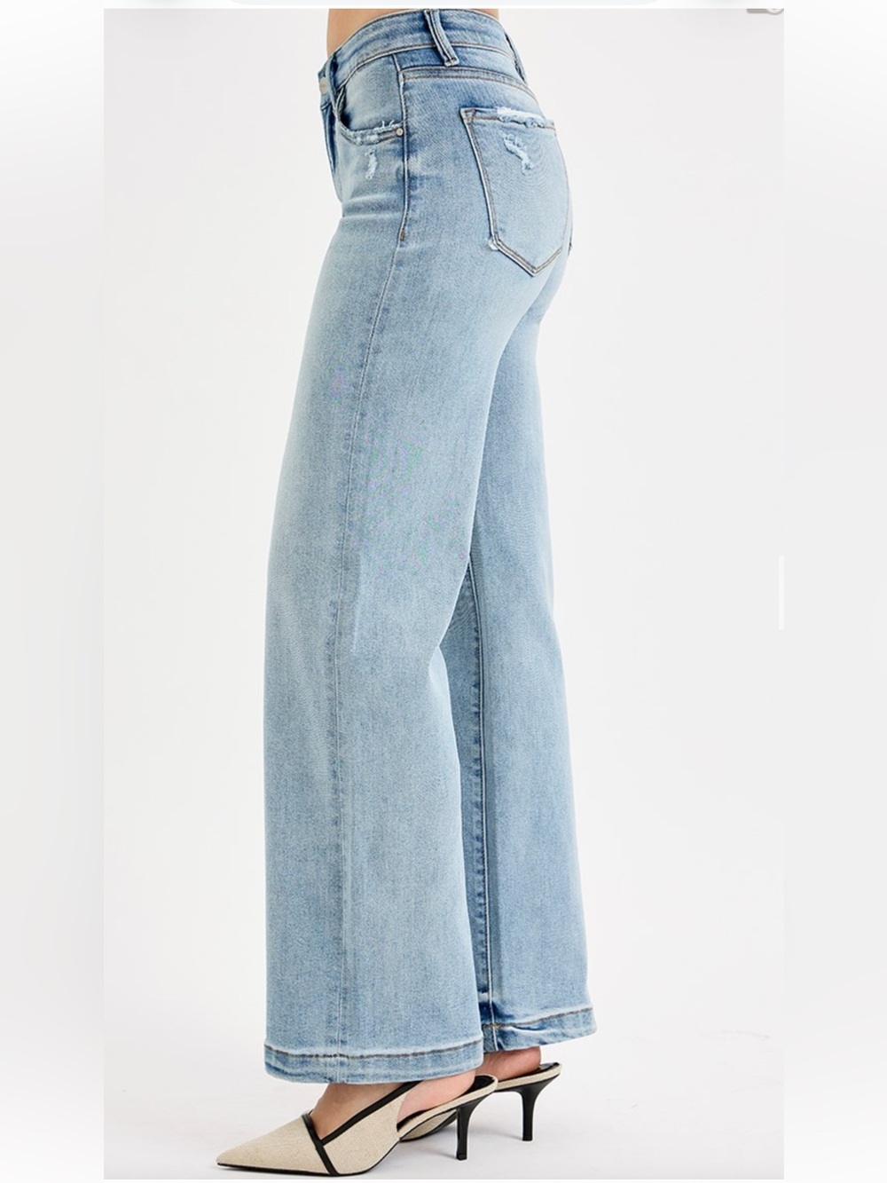 445 ❤️ RISEN ELASTIC BAND MID RISE WIDE LEG DISTRESSED JEANS - Picture 3 of 3